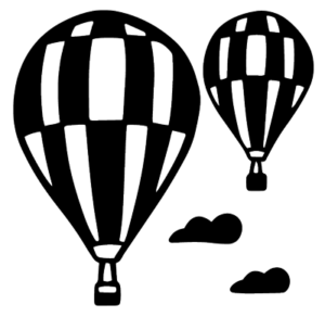 A drawing of two hot air balloons and two little clouds.