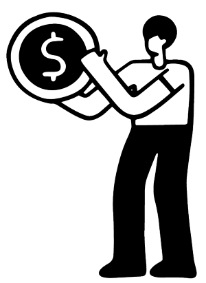 A drawing of a person holding a coin with a dollar sign.