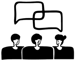 A drawing of three smiling figures with two outlines of speech bubbles above them.