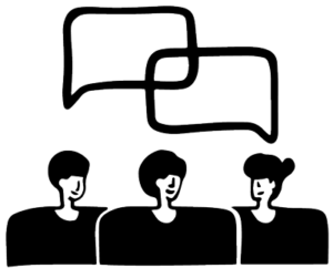 A drawing of three smiling figures with two outlines of speech bubbles above them.