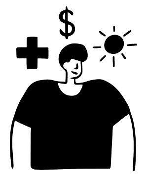 A drawing of a personal smiling with a medical cross, dollar sign, and sun framing their head.