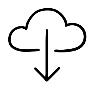 A drawing of a cloud with an arrow pointing down from it.